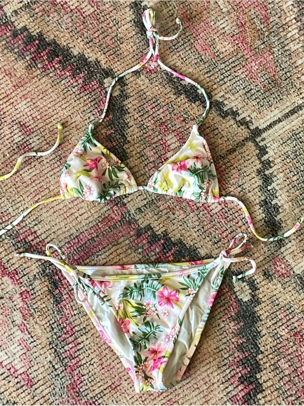 Floral Tie-Side Triangle Bikini - White with Pink & Green